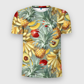 Мужская футболка 3D Slim с принтом Экзотические Фрукты Лета в Тюмени, 100% полиэстер с улучшенными характеристиками | приталенный силуэт, круглая горловина, широкие плечи, сужается к линии бедра | bananas | garnet | pineapples | summer | ананасы | бананы | гранат | лето