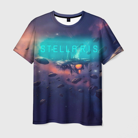 Мужская футболка 3D с принтом Stellaris космический корабль на фоне астероидов в Курске, 100% полиэфир | прямой крой, круглый вырез горловины, длина до линии бедер | paradox development studio | paradox interactive | stellaris | галактика | космический корабль | космос | расы | стратегия
