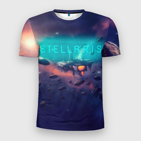 Мужская футболка 3D Slim с принтом Stellaris космический корабль на фоне астероидов в Тюмени, 100% полиэстер с улучшенными характеристиками | приталенный силуэт, круглая горловина, широкие плечи, сужается к линии бедра | paradox development studio | paradox interactive | stellaris | галактика | космический корабль | космос | расы | стратегия