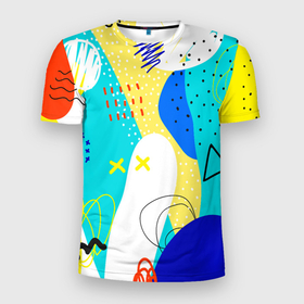 Мужская футболка 3D Slim с принтом ABSTRACT COLORED GEOMETRIC SHAPES в Тюмени, 100% полиэстер с улучшенными характеристиками | приталенный силуэт, круглая горловина, широкие плечи, сужается к линии бедра | абстракция | белый | желтый | зеленый | красный | красочный | минимализм | оранжевый | розовый | синий | текстура | узор | фиолетовый | фон | черный