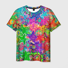 Мужская футболка 3D с принтом COLOR STARFALL в Курске, 100% полиэфир | прямой крой, круглый вырез горловины, длина до линии бедер | абстракция | желтый | звездопад | звезды | космос | красиво | минимализм | узор | фиолетовый | фон | цвета