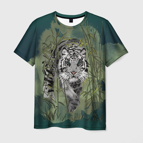 Мужская футболка 3D с принтом Крадущийся белый тигр символ года , 100% полиэфир | прямой крой, круглый вырез горловины, длина до линии бедер | 2022 | амурский тигр | белый тигр | голубоглазый тигр | животное | животное года | зеленый | китайский гороскоп | на зелёном фоне | серый тигр | символ года | тигр