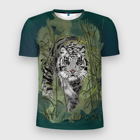 Мужская футболка 3D Slim с принтом Крадущийся белый тигр символ года в Санкт-Петербурге, 100% полиэстер с улучшенными характеристиками | приталенный силуэт, круглая горловина, широкие плечи, сужается к линии бедра | Тематика изображения на принте: 2022 | амурский тигр | белый тигр | голубоглазый тигр | животное | животное года | зеленый | китайский гороскоп | на зелёном фоне | серый тигр | символ года | тигр