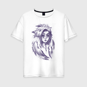 Женская футболка хлопок Oversize с принтом демон в перьях , 100% хлопок | свободный крой, круглый ворот, спущенный рукав, длина до линии бедер
 | демон | карандаш | сверхъестественное | скетч | фэнтези