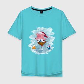 Мужская футболка хлопок Oversize с принтом PIGLET ON ICE в Екатеринбурге, 100% хлопок | свободный крой, круглый ворот, “спинка” длиннее передней части | животное | зима | каток | коньки | лед | поросенок | птицы