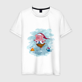 Мужская футболка хлопок с принтом PIGLET ON ICE в Санкт-Петербурге, 100% хлопок | прямой крой, круглый вырез горловины, длина до линии бедер, слегка спущенное плечо. | животное | зима | каток | коньки | лед | поросенок | птицы