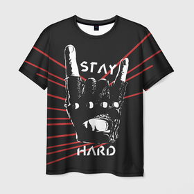 Мужская футболка 3D с принтом Stay hard в Курске, 100% полиэфир | прямой крой, круглый вырез горловины, длина до линии бедер | знак коза | знак хеви метал | коза | метал | перчатка | рок | рука в перчатке | терминатор | хард рок | хеви метал