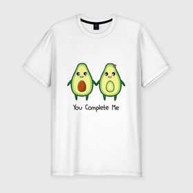 Мужская футболка хлопок Slim с принтом YOU COMPLEMENT ME MY LOVE в Тюмени, 92% хлопок, 8% лайкра | приталенный силуэт, круглый вырез ворота, длина до линии бедра, короткий рукав | авокадо | еда | зеленый | любовь | мило | счастливые | фрукты