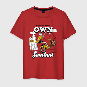 Мужская футболка хлопок с принтом Create your own sinshine в Екатеринбурге, 100% хлопок | прямой крой, круглый вырез горловины, длина до линии бедер, слегка спущенное плечо. | sea | summer | sun | выходные | курорт | лето | море | мотоцикл | мотоциклист | океан | отдыхаю | отпуск | пляж | приключения | серфер | серфинг | скелет | солнце | череп