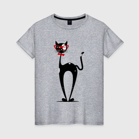 Женская футболка хлопок с принтом Мой котик с красной бабочкой в Тюмени, 100% хлопок | прямой крой, круглый вырез горловины, длина до линии бедер, слегка спущенное плечо | кот | кот в очках | котик | черный кот | черный кот с белыми пятнами