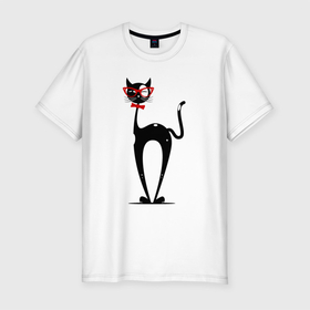 Мужская футболка хлопок Slim с принтом Черный кот с белыми пятнами в очках в Екатеринбурге, 92% хлопок, 8% лайкра | приталенный силуэт, круглый вырез ворота, длина до линии бедра, короткий рукав | кот | кот в очках | котик | черный кот | черный кот с белыми пятнами