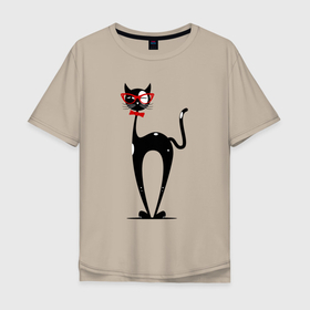Мужская футболка хлопок Oversize с принтом Черный кот с белыми пятнами в очках в Екатеринбурге, 100% хлопок | свободный крой, круглый ворот, “спинка” длиннее передней части | кот | кот в очках | котик | черный кот | черный кот с белыми пятнами