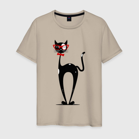Мужская футболка хлопок с принтом Черный кот с белыми пятнами в очках в Петрозаводске, 100% хлопок | прямой крой, круглый вырез горловины, длина до линии бедер, слегка спущенное плечо. | кот | кот в очках | котик | черный кот | черный кот с белыми пятнами