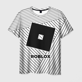 Мужская футболка 3D с принтом Символ Roblox на светлом фоне с полосами в Екатеринбурге, 100% полиэфир | прямой крой, круглый вырез горловины, длина до линии бедер | logo | roblox | игра | игры | краска | лого | логотип | роблокс | символ