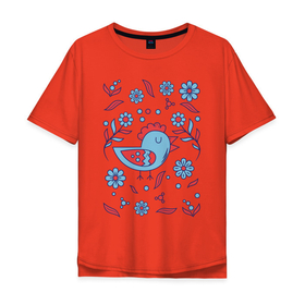 Мужская футболка хлопок Oversize с принтом Птичка и цветы в Белгороде, 100% хлопок | свободный крой, круглый ворот, “спинка” длиннее передней части | живопись | народное искусство | народный промысел | национальная | птица | русский рисунок | цветы
