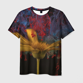 Мужская футболка 3D с принтом Многоцветный абстрактный цветок , 100% полиэфир | прямой крой, круглый вырез горловины, длина до линии бедер | желтая | желтый | краски | красная | красный | на весну | на лето | синий | синяя | цветок | цветы