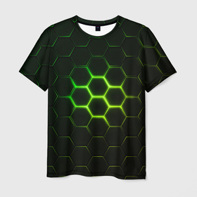 Мужская футболка 3D с принтом НЕОНОВОЕ СВЕЧЕНИЕ ИЗ ПОД ПЛИТ в Белгороде, 100% полиэфир | прямой крой, круглый вырез горловины, длина до линии бедер | Тематика изображения на принте: 3d | 3d неон | 3д | 3д неон | 3д неон зеленый | броня | зеленые принты | зеленый неон | киберброня | киберпанк | киберпанк броня | неон | неоновые принты