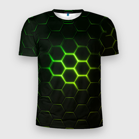 Мужская футболка 3D Slim с принтом НЕОНОВОЕ СВЕЧЕНИЕ ИЗ ПОД ПЛИТ , 100% полиэстер с улучшенными характеристиками | приталенный силуэт, круглая горловина, широкие плечи, сужается к линии бедра | 3d | 3d неон | 3д | 3д неон | 3д неон зеленый | броня | зеленые принты | зеленый неон | киберброня | киберпанк | киберпанк броня | неон | неоновые принты