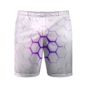 Мужские шорты спортивные с принтом Фиолетовое свечение из под шестиугольников в Тюмени,  |  | 3d | 3d неон | 3д | 3д неон | 3д неон фиолетовый | броня | киберброня | киберпанк | киберпанк броня | неон | неоновые принты | фиолетовые принты | фиолетовый неон