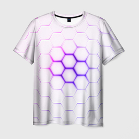 Мужская футболка 3D с принтом Фиолетовое свечение из под шестиугольников в Петрозаводске, 100% полиэфир | прямой крой, круглый вырез горловины, длина до линии бедер | 3d | 3d неон | 3д | 3д неон | 3д неон фиолетовый | броня | киберброня | киберпанк | киберпанк броня | неон | неоновые принты | фиолетовые принты | фиолетовый неон