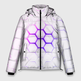 Мужская зимняя куртка 3D с принтом Фиолетовое свечение из под шестиугольников в Санкт-Петербурге, верх — 100% полиэстер; подкладка — 100% полиэстер; утеплитель — 100% полиэстер | длина ниже бедра, свободный силуэт Оверсайз. Есть воротник-стойка, отстегивающийся капюшон и ветрозащитная планка. 

Боковые карманы с листочкой на кнопках и внутренний карман на молнии. | 3d | 3d неон | 3д | 3д неон | 3д неон фиолетовый | броня | киберброня | киберпанк | киберпанк броня | неон | неоновые принты | фиолетовые принты | фиолетовый неон