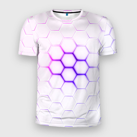 Мужская футболка 3D Slim с принтом Фиолетовое свечение из под шестиугольников в Новосибирске, 100% полиэстер с улучшенными характеристиками | приталенный силуэт, круглая горловина, широкие плечи, сужается к линии бедра | 3d | 3d неон | 3д | 3д неон | 3д неон фиолетовый | броня | киберброня | киберпанк | киберпанк броня | неон | неоновые принты | фиолетовые принты | фиолетовый неон