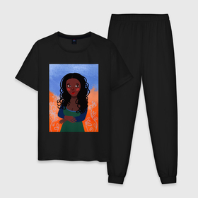 Мужская пижама хлопок с принтом Современная Мона Лиза, африканка в Тюмени, 100% хлопок | брюки и футболка прямого кроя, без карманов, на брюках мягкая резинка на поясе и по низу штанин
 | Тематика изображения на принте: африка | девушка | мона лиза | мультяшный стиль | плоский стиль | портрет | стилизованный | чернокожий