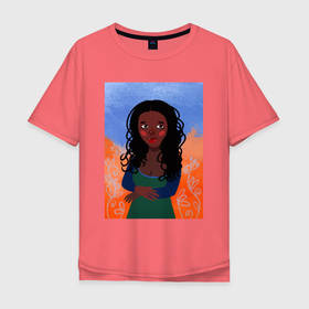 Мужская футболка хлопок Oversize с принтом Современная Мона Лиза, африканка в Тюмени, 100% хлопок | свободный крой, круглый ворот, “спинка” длиннее передней части | Тематика изображения на принте: африка | девушка | мона лиза | мультяшный стиль | плоский стиль | портрет | стилизованный | чернокожий