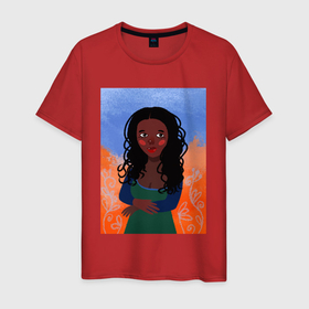 Мужская футболка хлопок с принтом Современная Мона Лиза, африканка в Санкт-Петербурге, 100% хлопок | прямой крой, круглый вырез горловины, длина до линии бедер, слегка спущенное плечо. | африка | девушка | мона лиза | мультяшный стиль | плоский стиль | портрет | стилизованный | чернокожий