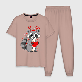 Мужская пижама хлопок с принтом Енотик в сердечках в Новосибирске, 100% хлопок | брюки и футболка прямого кроя, без карманов, на брюках мягкая резинка на поясе и по низу штанин
 | predator | raccoon | raccoon gargle | trash panda | енот | енот полоскун | енотик | енотовидная собака | еноты | животное | зверь | мусорная панда | сердечки | сердца | треш панда | трэш панда | хищник