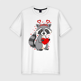 Мужская футболка хлопок Slim с принтом Енотик в сердечках в Екатеринбурге, 92% хлопок, 8% лайкра | приталенный силуэт, круглый вырез ворота, длина до линии бедра, короткий рукав | Тематика изображения на принте: predator | raccoon | raccoon gargle | trash panda | енот | енот полоскун | енотик | енотовидная собака | еноты | животное | зверь | мусорная панда | сердечки | сердца | треш панда | трэш панда | хищник
