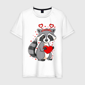 Мужская футболка хлопок с принтом Енотик в сердечках в Екатеринбурге, 100% хлопок | прямой крой, круглый вырез горловины, длина до линии бедер, слегка спущенное плечо. | Тематика изображения на принте: predator | raccoon | raccoon gargle | trash panda | енот | енот полоскун | енотик | енотовидная собака | еноты | животное | зверь | мусорная панда | сердечки | сердца | треш панда | трэш панда | хищник
