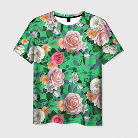 Мужская футболка 3D с принтом Нежные розы на изумрудном фоне , 100% полиэфир | прямой крой, круглый вырез горловины, длина до линии бедер | нежность | природа | розы | цветы | шипы