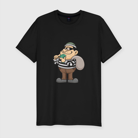 Мужская футболка хлопок Slim с принтом Грабитель банка в Тюмени, 92% хлопок, 8% лайкра | приталенный силуэт, круглый вырез ворота, длина до линии бедра, короткий рукав | hustler | money | бандит | банк | гангстер | грабитель | деньги | доллар | ограбление | рубль