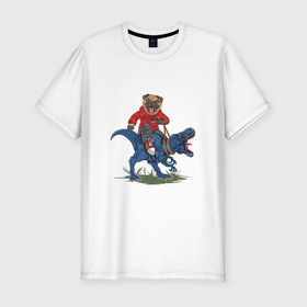Мужская футболка хлопок Slim с принтом ВЕРХОМ НА ТИРАННОЗАВРЕ в Белгороде, 92% хлопок, 8% лайкра | приталенный силуэт, круглый вырез ворота, длина до линии бедра, короткий рукав | езда | животное | развлечение | собака | хищник