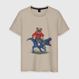 Мужская футболка хлопок с принтом ВЕРХОМ НА ТИРАННОЗАВРЕ в Новосибирске, 100% хлопок | прямой крой, круглый вырез горловины, длина до линии бедер, слегка спущенное плечо. | езда | животное | развлечение | собака | хищник