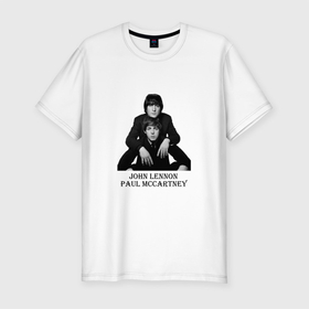 Мужская футболка хлопок Slim с принтом JOHN LENNON PAUL MCCARTNEY в Екатеринбурге, 92% хлопок, 8% лайкра | приталенный силуэт, круглый вырез ворота, длина до линии бедра, короткий рукав | 60 е | 70 е | винтаж | гитара | группа | музыка | песня | ретро