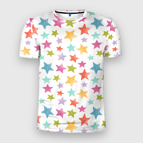 Мужская футболка 3D Slim с принтом Яркие и разноцветные звезды в Санкт-Петербурге, 100% полиэстер с улучшенными характеристиками | приталенный силуэт, круглая горловина, широкие плечи, сужается к линии бедра | Тематика изображения на принте: звезда | звездное небо | звездочка | звезды | паттерн | радужное | яркое