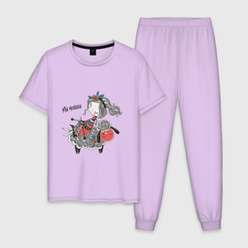 Мужская пижама хлопок с принтом MY HOBBY вязание в Курске, 100% хлопок | брюки и футболка прямого кроя, без карманов, на брюках мягкая резинка на поясе и по низу штанин
 | вяжет | девушка | овечка | спицы | цветное | цветок