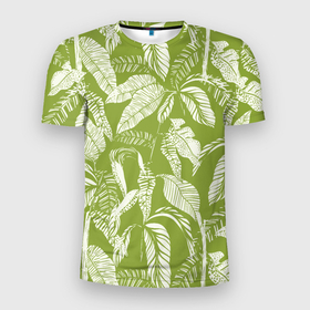 Мужская футболка 3D Slim с принтом Зелёные Тропики Лета в Курске, 100% полиэстер с улучшенными характеристиками | приталенный силуэт, круглая горловина, широкие плечи, сужается к линии бедра | banana leaves | jungles | leaves | summer | tropics | банановые листья | джунгли | лето | листья | тропики