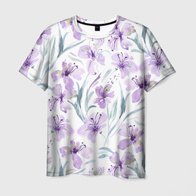 Мужская футболка 3D с принтом Цветы Фиолетовые Нарисованные Акварелью в Новосибирске, 100% полиэфир | прямой крой, круглый вырез горловины, длина до линии бедер | flowers | акварель | букет | нарисованные | природа | растение | фиолетовые | флора | цветы