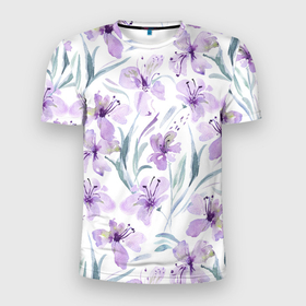 Мужская футболка 3D Slim с принтом Цветы Фиолетовые Нарисованные Акварелью в Тюмени, 100% полиэстер с улучшенными характеристиками | приталенный силуэт, круглая горловина, широкие плечи, сужается к линии бедра | flowers | акварель | букет | нарисованные | природа | растение | фиолетовые | флора | цветы