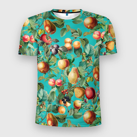Мужская футболка 3D Slim с принтом Ассорти Фруктов в Новосибирске, 100% полиэстер с улучшенными характеристиками | приталенный силуэт, круглая горловина, широкие плечи, сужается к линии бедра | Тематика изображения на принте: fruits | summer | вишня | груши | киви | лето | сливы | фрукты | яблоки