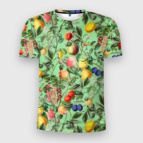 Мужская футболка 3D Slim с принтом Летнее Ассорти Фруктов в Петрозаводске, 100% полиэстер с улучшенными характеристиками | приталенный силуэт, круглая горловина, широкие плечи, сужается к линии бедра | fruits | lemons | summer | бананы | вишня | груши | лето | лимоны | сливы | фрукты | яблоки
