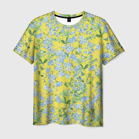 Мужская футболка 3D с принтом Цветы Незабудки На Жёлтом Фоне , 100% полиэфир | прямой крой, круглый вырез горловины, длина до линии бедер | flowers | букет | незабудки | природа | растение | флора | цветы