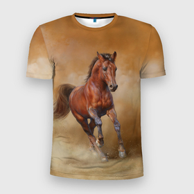 Мужская футболка 3D Slim с принтом BAY HORSE   гнедой конь в Петрозаводске, 100% полиэстер с улучшенными характеристиками | приталенный силуэт, круглая горловина, широкие плечи, сужается к линии бедра | 