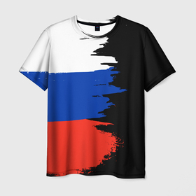Мужская футболка 3D с принтом Российский триколор на темном фоне в Тюмени, 100% полиэфир | прямой крой, круглый вырез горловины, длина до линии бедер | патриотизм | патриотичные | россия | триколор | флаг