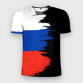 Мужская футболка 3D Slim с принтом Российский триколор на темном фоне , 100% полиэстер с улучшенными характеристиками | приталенный силуэт, круглая горловина, широкие плечи, сужается к линии бедра | патриотизм | патриотичные | россия | триколор | флаг