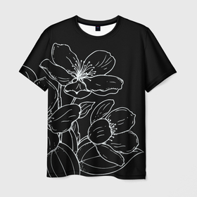 Мужская футболка 3D с принтом Ночные цветы | Night flowers в Новосибирске, 100% полиэфир | прямой крой, круглый вырез горловины, длина до линии бедер | black and white | минимализм | минималистичный принт | цветочный принт | цветы | черно белое