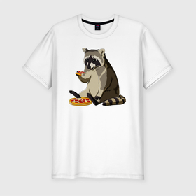 Мужская футболка хлопок Slim с принтом Енот кушает пиццу в Кировске, 92% хлопок, 8% лайкра | приталенный силуэт, круглый вырез ворота, длина до линии бедра, короткий рукав | Тематика изображения на принте: fa | food | pizza | predator | products | raccoon | raccoon gargle | trash panda | блюдо | еда | енот | енот полоскун | енотик | енотовидная собака | еноты | животное | зверь | мусорная панда | пица | пицца | продукты | треш панда